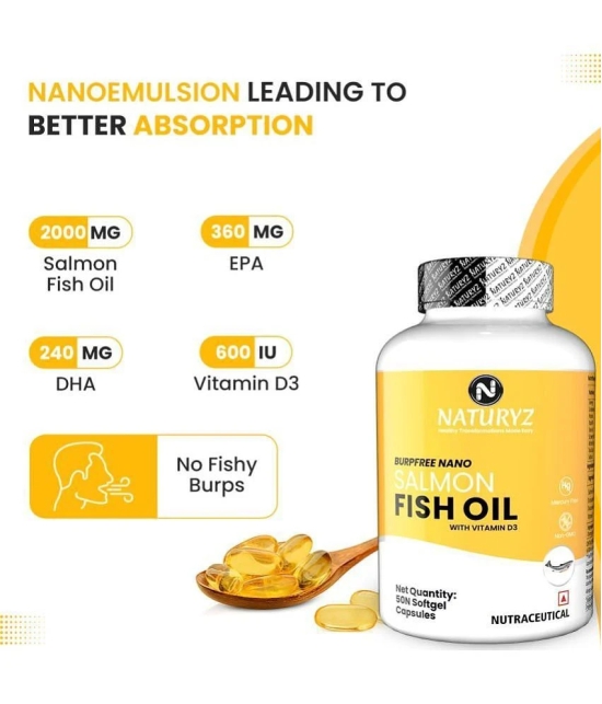 NATURYZ BURPFREE SALMON Fish Oil 2000 Mg with Vitamin D3 for Skin, Eyes, Heart & Brain - 50 Softgels