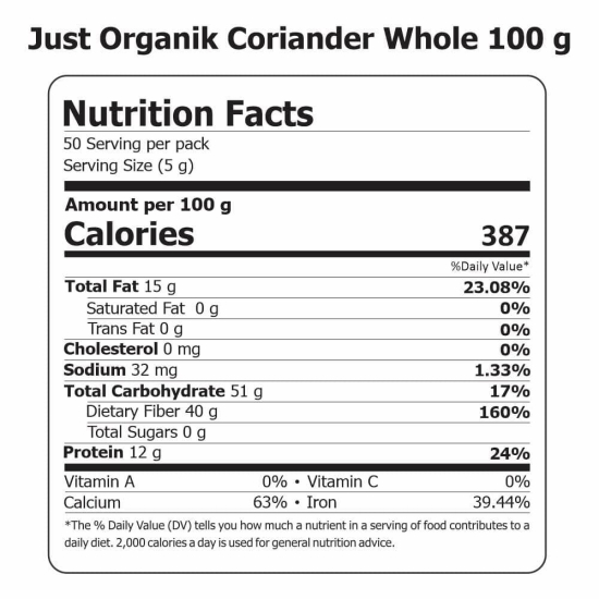 Just Organik Coriander (Dhania) Whole 250gm, 100% Organic