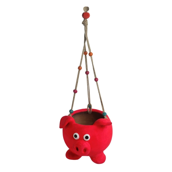 Swinging Pig Handmade & Handpainted Terracotta Hanging Planter Pot (5.5 Inch)