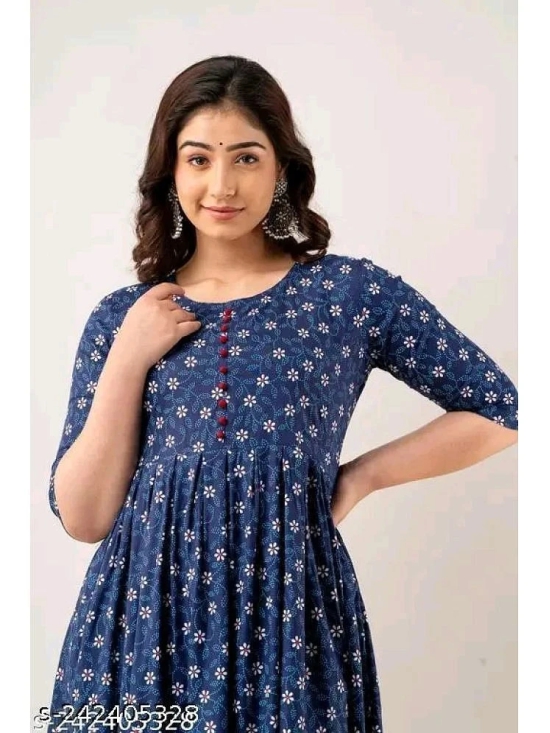 RIAANA Cotton Printed Flared Womens Kurti - Blue ( Pack of 1 ) - None