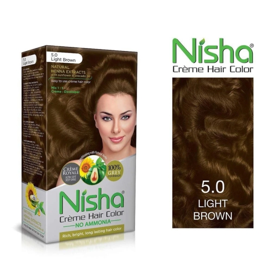 Nisha Creme Hair Color 5.0 Light Brown 120g Pack of 3, Permanent Hair Colour, No Ammonia, 100% Grey Coverage