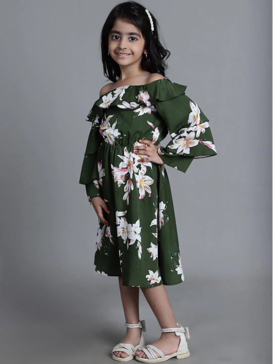 MINI & MING Girls Floral Printed Off Shoulder Bell Sleeves Crepe Fit & Flare Midi Dress