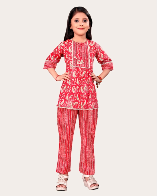 Girls Casual Kurta and Trouser Set-Red / 7 - 8 Years