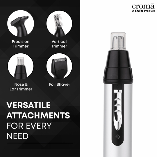 Croma 4-in-1 Rechargeable Cordless Grooming Kit for Nose, Ear, Eyebrow, Beard & Moustache for Men & Women (40min Runtime, Water Resistant, Black)