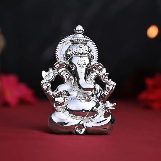 Artarium Car Dashboard Vighnaharta Ganesha Idol Home Decor Item Ganesh Murti Statue for Gift Silver Plated (Pack-1)