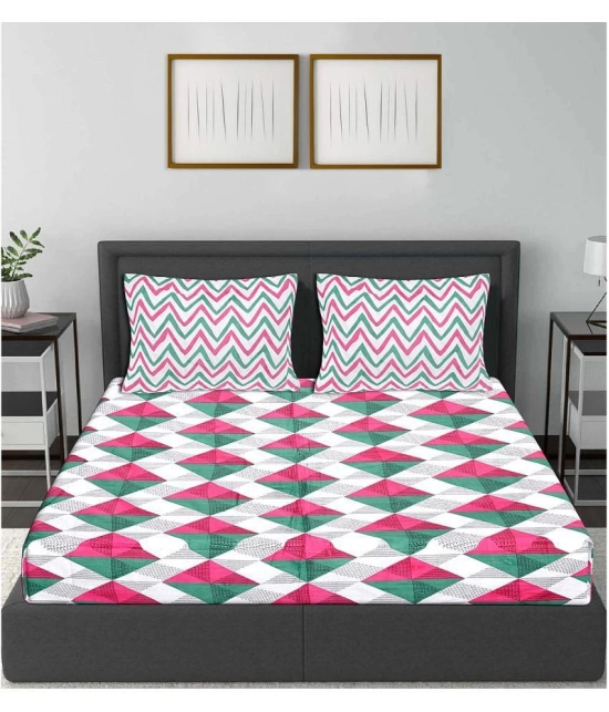 Frionkandy Cotton Geometric Printed Queen Bedsheet with 2 Pillow Covers - Pink - Pink