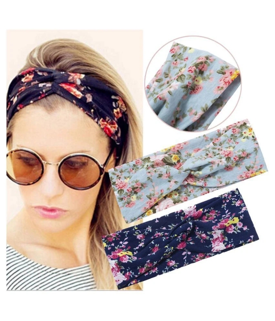 FOK 2 Pc Flower Printed Twist Knotted Yoga Sport Head Wrap Hairband Women and Girls - Sea Green - Green