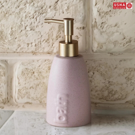 USHA SHRIRAM 320ml Ceramic Soap Dispenser Set, Pink, Pack of 2-USHA SHRIRAM 320ml Ceramic Soap & Lotion Dispenser Set, Pink, Pack of 2.