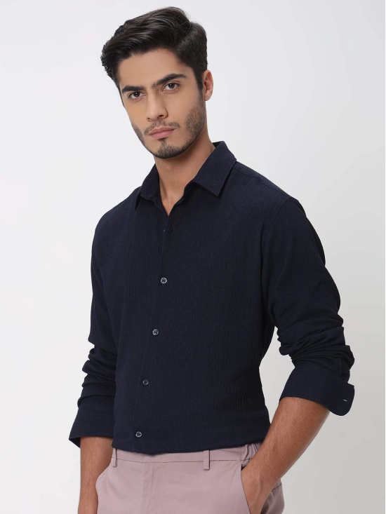 Navy Textured Plain Slim Fit Casual Shirt