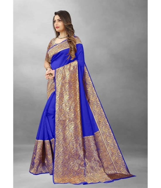 Gazal Fashions Banarasi Silk Embellished Saree With Blouse Piece - Blue ( Pack of 1 ) - Blue