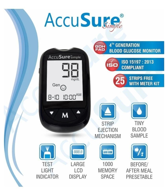 AccuSure Instant Digital Simple Glucometer Kit with 25 Strips,10 Lancet,1 Lancing device