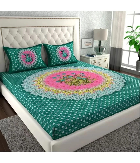 FrionKandy Living Cotton Floral Double Bedsheet with 2 Pillow Covers - Sea Green - Sea Green