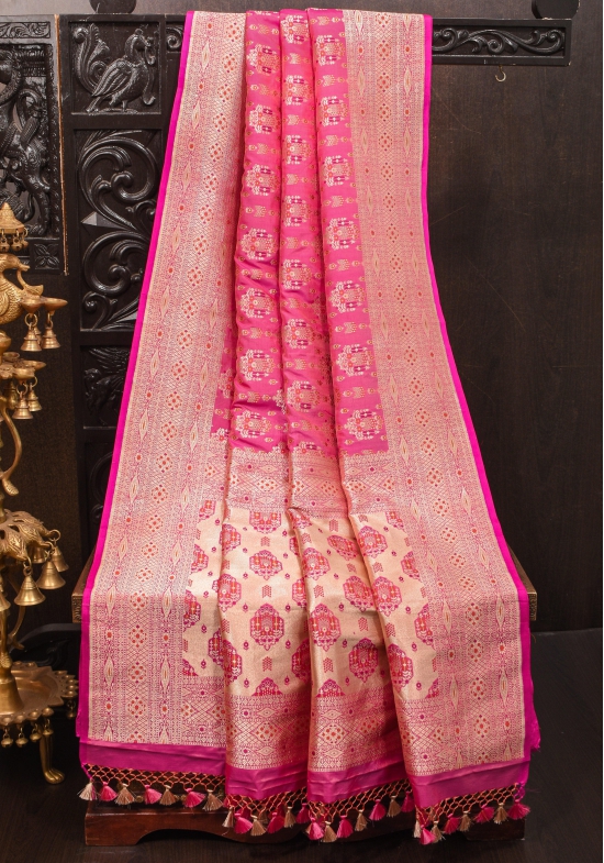 Strawberry dual tone Intricate Banarasi Katan silk saree with Meenakari Jaal  | SILK MARK CERTIFIED