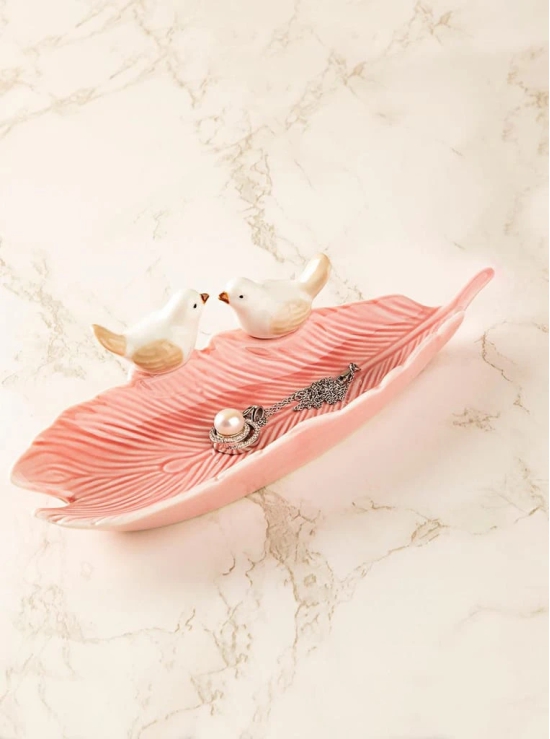 Jewellery Holder Tray, Crafted Bird, for Dressing Table, Ring Dash, Rectangular, Pink, Ceramic