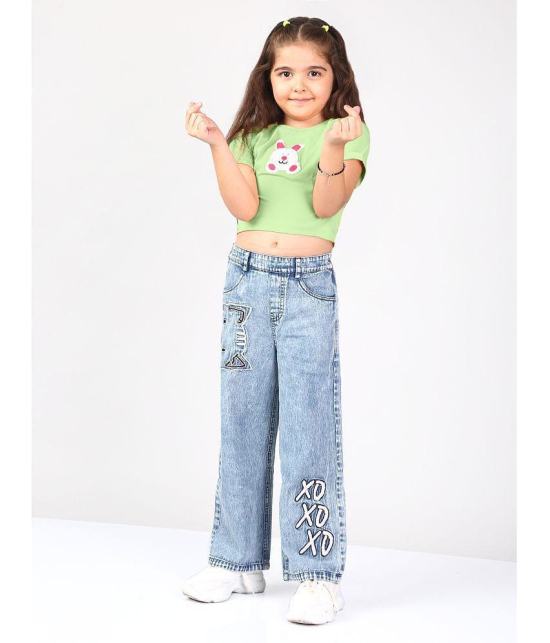 Naughty Ninos Girls Medium Blue Denim Embroidered Flared Pants - None