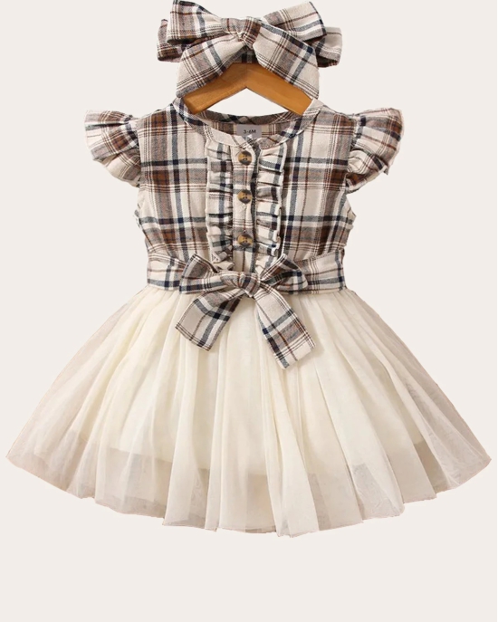 Checked Printed Baby Girl Frock with Bow for Kid Girls-Brown / 12 - 18 Months