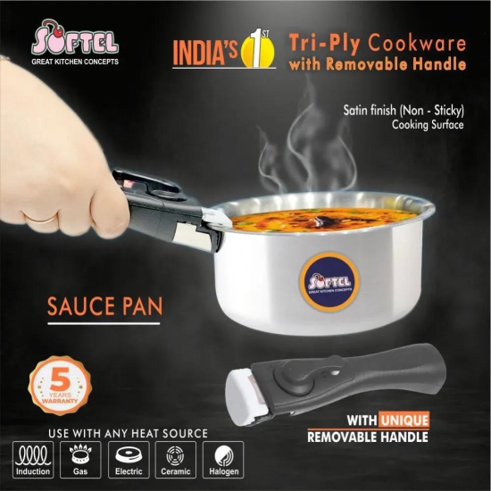 Softel Tri-Ply Stainless Steel Saucepan with Removable Handle | Gas & Induction Compatible | Silver | 1 Pc