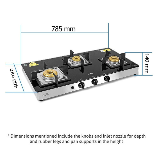 Glen 3 Burner LPG Glass Gas Stove High Flame Forged Brass Burner, Auto Ignition, Extra Wide Black (1038 SQ GT FBB AI)