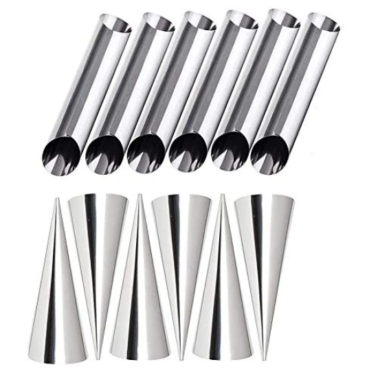 STORE77® 12 Pcs DIY Non-Stick Stainless Steel Baking Cones & Tubes Set. Spiral Horn Pastry Cream Roll Tubes/Cake Cone Mold/Cannoli Forms/Croissant Shell Metal Ice Cream Roll/Funnel Shape/Kitchen/Party