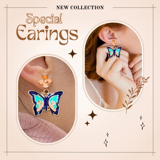 Blue Butterfly Earrings with Flower Studs