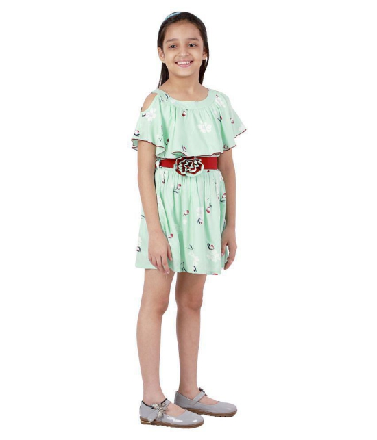 Kids Cave Dress For Girls Fit And Flare Cut-Out Frill Shoulder Round Neck Knee Length Red Waist Belt With Flower Fabric Rayon (Color Light Green Size 3-12 Years) - None