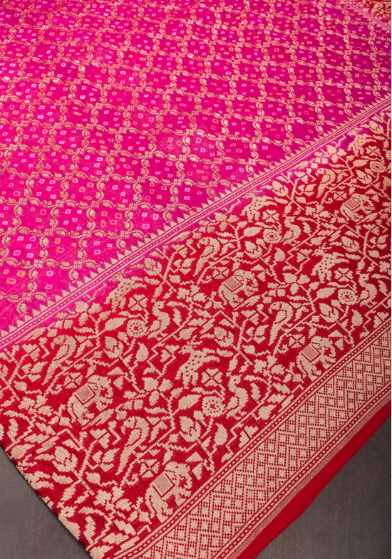 Pink Authentic Hand Bandhej Banarasi Silk Georgette Saree with geometric Jaal and Shikaargah Borders | SILK MARK CERTIFIED