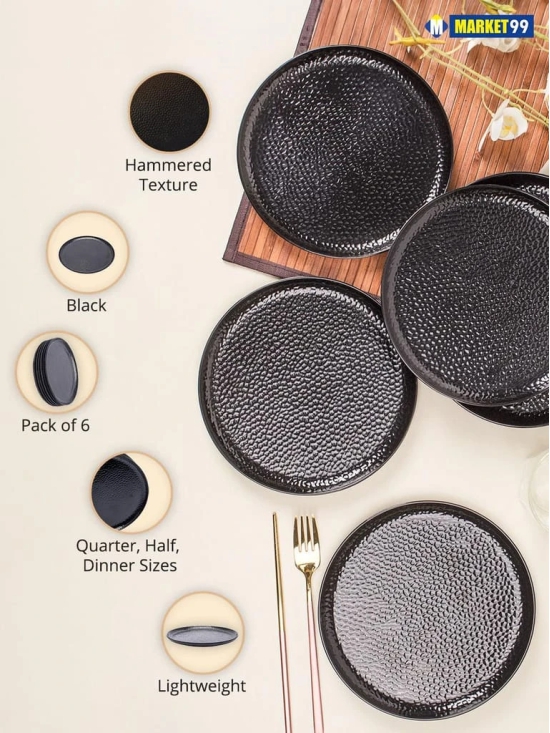 Round Quarter Plates, Half Plates, Dinner Set, Hammered Melamine, Black, Pack of 6