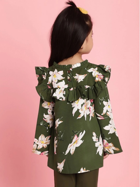 MINI & MING Girls Floral Printed Round Neck Bell Sleeves Pleated A-Line Top