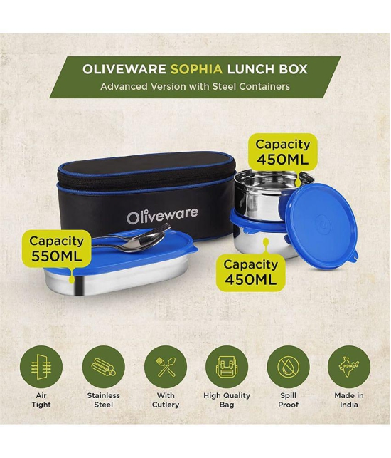 Oliveware Sophia Insulated Fabric Bag Lunch Box, Stainless Steel 3 Containers with Steel Spoon & For - Blue