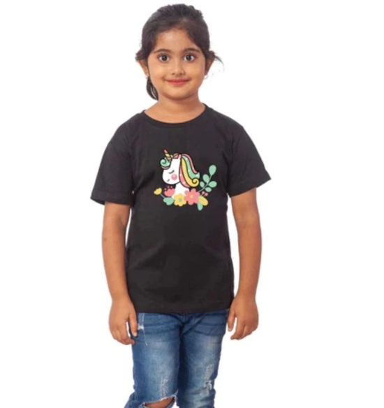 Girls Cotton Unicorn Face Half Sleeve TShirt (Black) PID41487