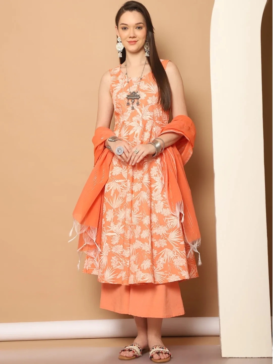 Printed orange flared kurta pallazos dupatta set-S / Orange