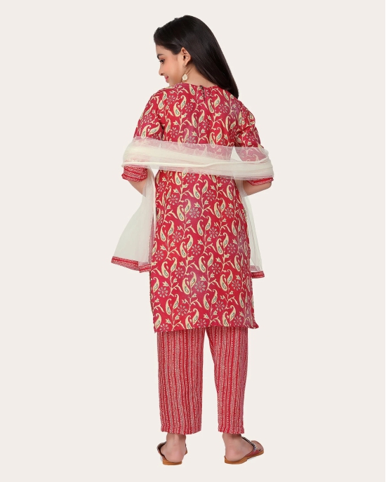 Printed Emroidered Kurta Bottom Dupatta Set for Girls-Red / 4 - 5 Years