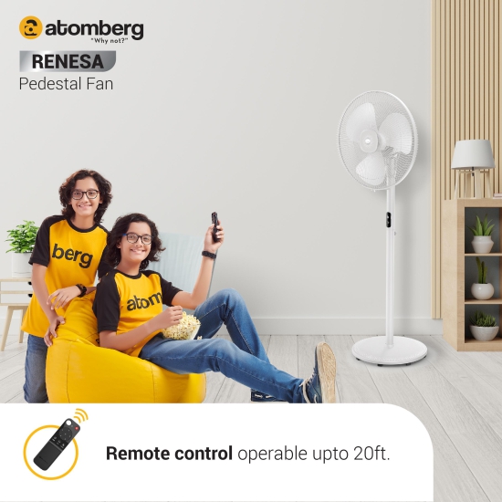 Atomberg Renesa 400mm BLDC motor Energy Saving Pedestal Fan with Remote Control (White,Pack of 1)