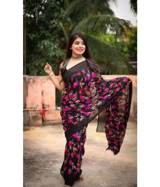 ANAND SAREES Georgette Printed Saree With Blouse Piece - Black ( Pack of 1 ) - Black