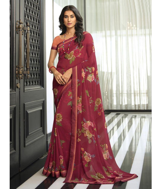 Rangita Georgette Floral Printed Saree With Lace Border & Blouse Piece - Maroon - Maroon