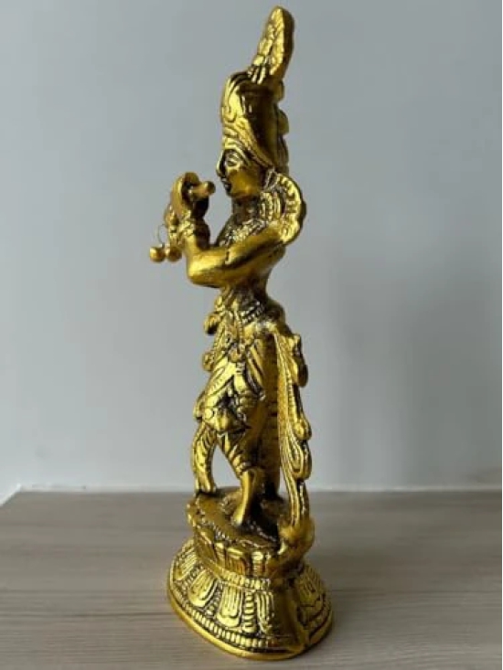 Aarna Creations Hand Carved Metal Krishna with Basuri| Beautiful Krishna with Basuri & Ghungru/Bells | Antique Golden Krishna Idol | Krishna