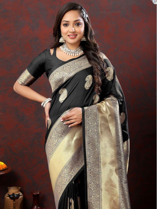 Black Soft Silk Woven Design Gold Zari Weaving Saree