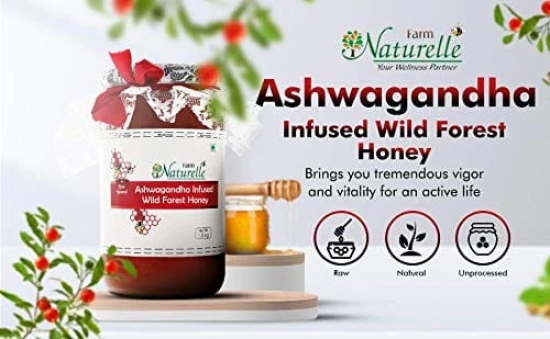 Farm Naturelle-Pure Raw Delicious and Immunity Booster Real Ashwagandha Infused Forest Honey,Immense Medicinal Value Naturally-1.45kg and a Wooden Spoon.