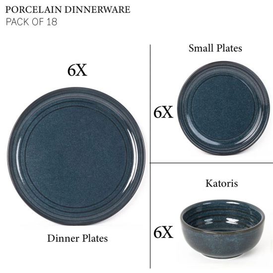 Handcrafted Chip Resistance Porcelain Dinner Set, 18 Pieces Dish Set Serving for 6, Microwave and Dishwasher Safe, Bone-ash Free, Crockery Set for Dining and Gifting, Sapphire Blue