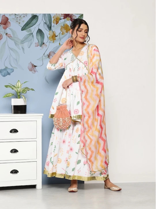 Women White Floral Printed Pleated Kurta with Sharara & With Dupatta