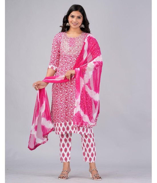 MAUKA Cotton Printed Kurti With Pants Women''s Stitched Salwar Suit - Pink ( Pack of 1 ) - None