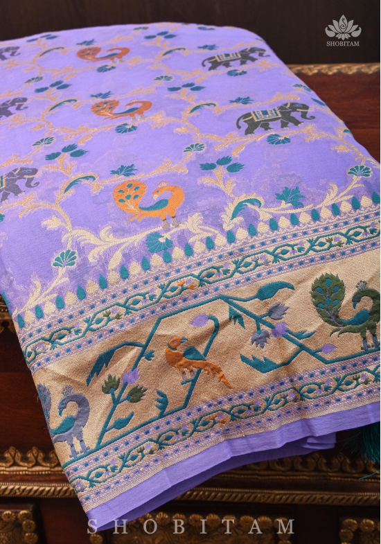 Paithani Design Four color Meenakari Shikkaargah Jaal on Pure Silk Georgette Lavender Saree | SILK MARK CERTIFIED