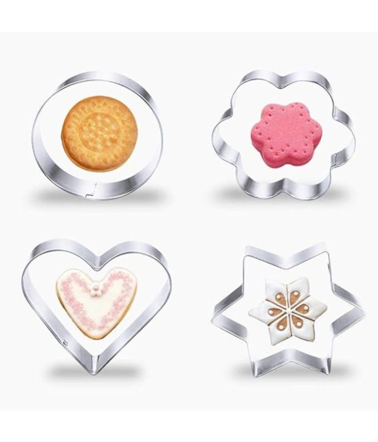 HOMETALES Silver Stainless Steel Cookies Cutter Shape Round,Flower,Heart,Star ( Set of 4 ) - Silver