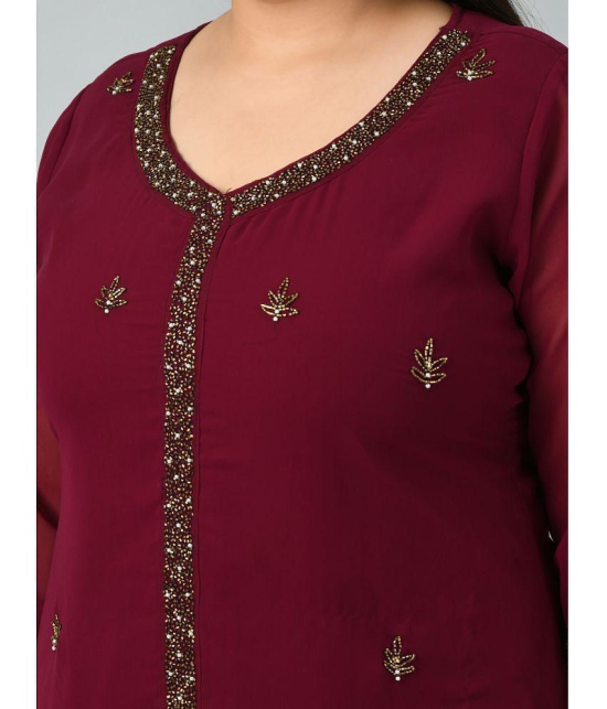 PrettyPlus by Desinoor.com Georgette Embroidered Kurti With Palazzo Women''s Stitched Salwar Suit - Wine ( Pack of 1 ) - None