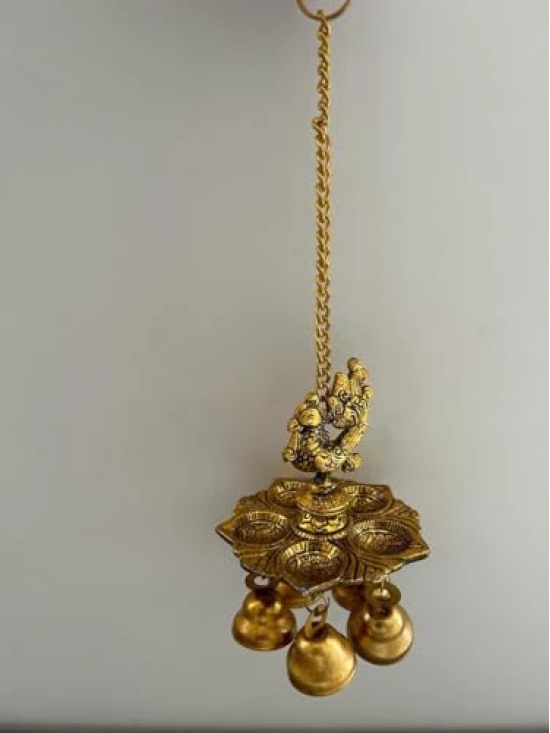 Aarna Creations Hand Crafted Metal Peacock with 5 Diya| Artistic Hanging Diya with Bells| Beautiful Hanging Panch Diya with Peacock Carving and Bells