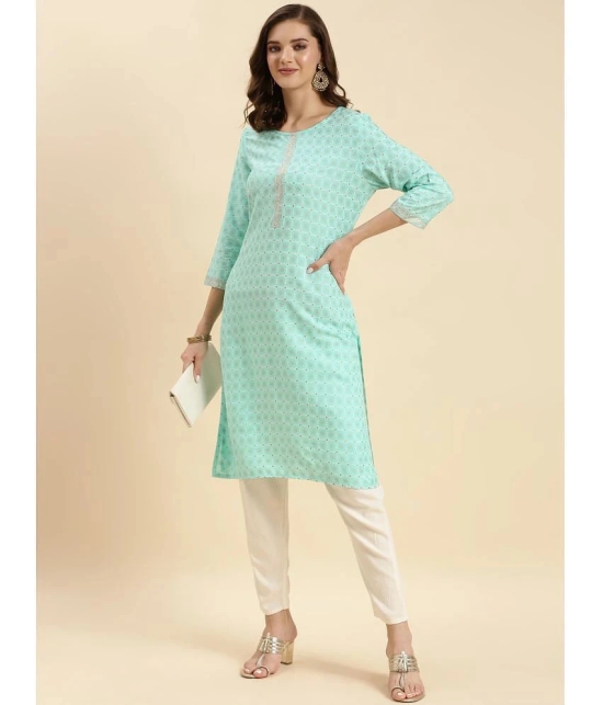 Rangita Women Sea Green Rayon Printed Knee Length Straight Kurti - None