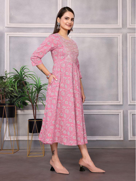 Rangita Women Cotton Pink Embroidered Calf Length Flared Kurti - None