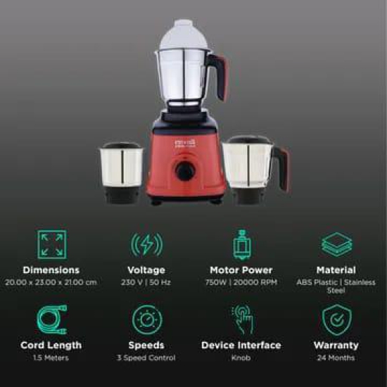 Croma 750 Watt 3 Jars Mixer Grinder (20000 RPM, Overload Protection, Red/Black)