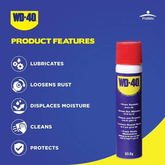 Pidilite WD40, Multipurpose Spray for Home Improvement, Frees jammed locks &  Rust Parts, Adhesive remover, Grill &  stove Cleaning &  Protectant Agent  Multi use for Home, Work and DIY Purposes, 63.8g