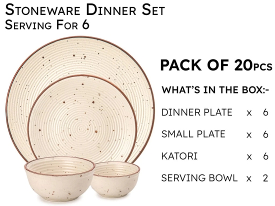 Handcrafted Stoneware Reactive Glaze Ceramic Dinner Set, 20 Pieces Serving for 6, Microwave and Dishwasher Safe, Bone-ash Free, Crockery Set for Dining and Gifting, Beige